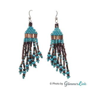 Brown & Teal Seed Bead Sterling Silver Asymmetrical Fringe Dangle Earrings